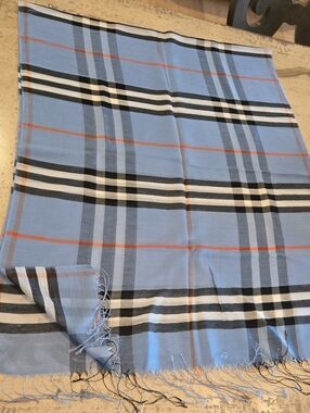 Lightweight Blue Plaid Fringe Scarf, NWOT, 27"x 70" Plus 3" Fringe